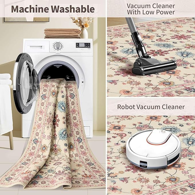 2x6 Floral Runner Rug, Washable Runners for Hallways, Pink Vintage Boho Kitchen Rugs, Non Slip Hallway Runner Carpet for Indoor Hallway, Kitchen, Laundry Room and Bathroom