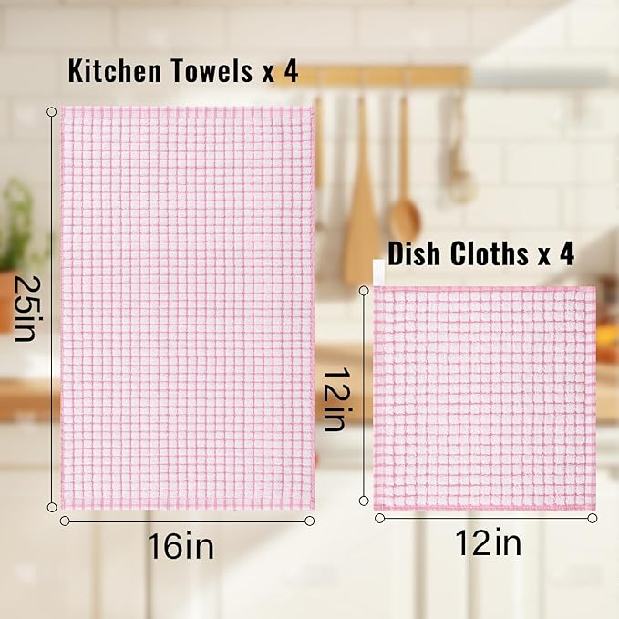 Homaxy Kitchen Towels and Dishcloths Set, 16 x 25 and 12 x 12 Inches, Set of 8 Cotton Terry Kitchen Dish Towels, Super Soft and Absorbent Dish Cloths, Pink