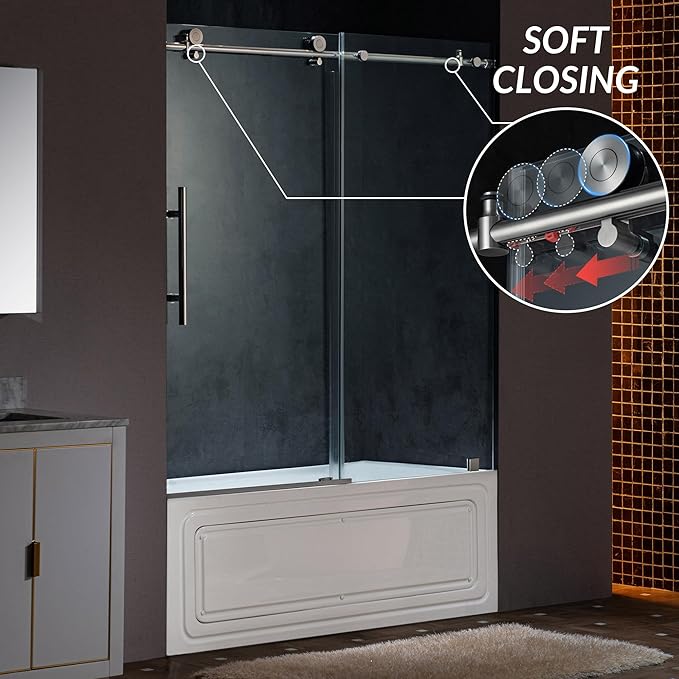 Woodbridge Frameless Single Sliding Shower Doors in Brushed Nickel Finish, 57.5-60" Width x 62" Height with 3/8"(10mm) Clear Tempered Glass, Soft Close System and Explosion-Proof Film, BSDC6062-B