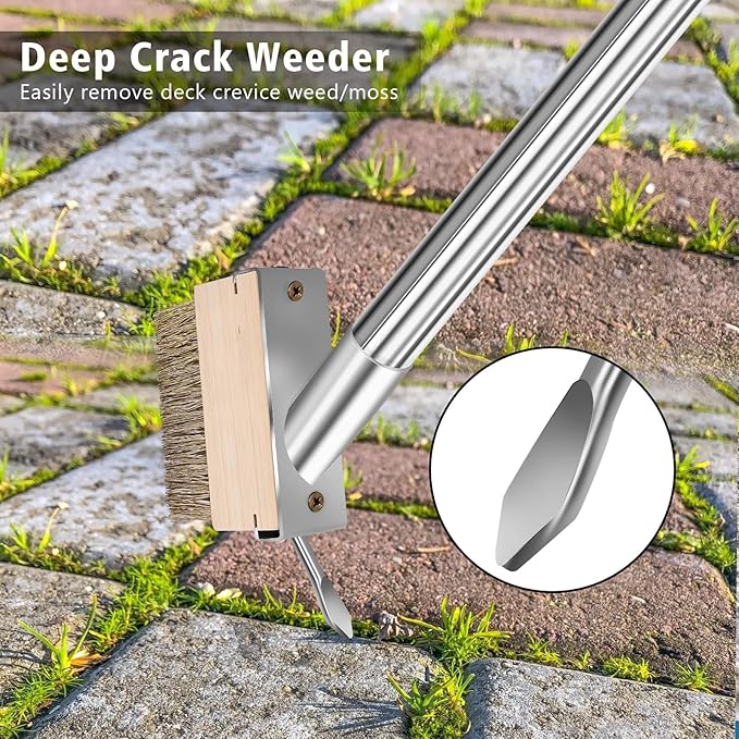 Heavy Duty Wire Push Broom with Crack Weeder Brush Set, Multifunction Moss Remover with Scraper Weed Puller, Detachable 64.9in Handle for Outdoor Deck Pavers Patios Walkways Concrete Cleaning