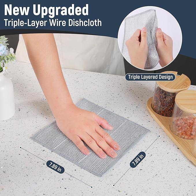 3 Layers Non Scratch Wire Dish Cleaning Supplies 12PCS - Wire Dishwashing Rag Home Essentials-Reusable Steel Wool Scrubber Washcloths,Kitchen Towels and Dishcloths Set for Pans Sinks & Cookware