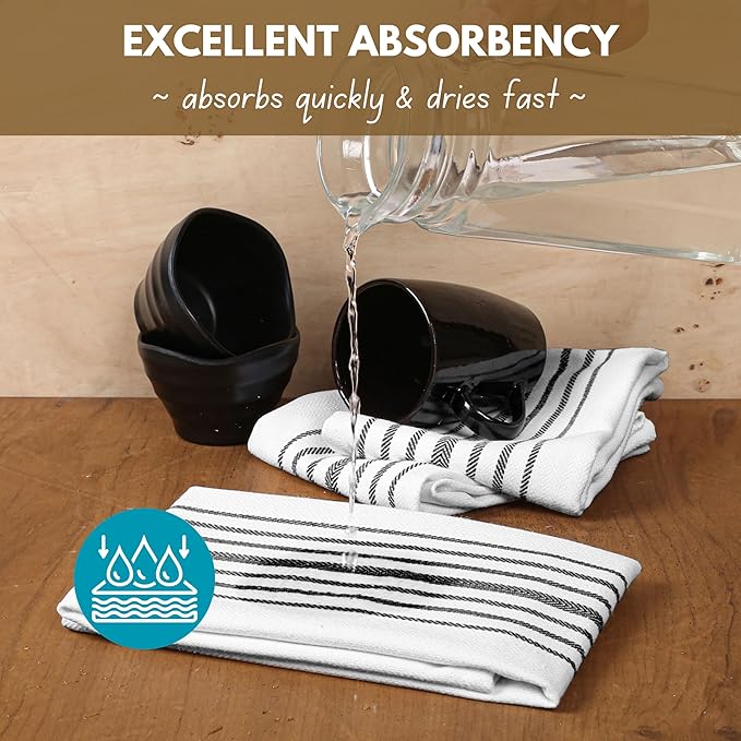 Native Fab 4 Pack Black Kitchen Towels Scandia Stripe 16"x26" - Cotton Dish Cloth, Super Absorbent Dish Towels, Multi Purpose Quick Dry Kitchen Washcloths with Loop, Black White
