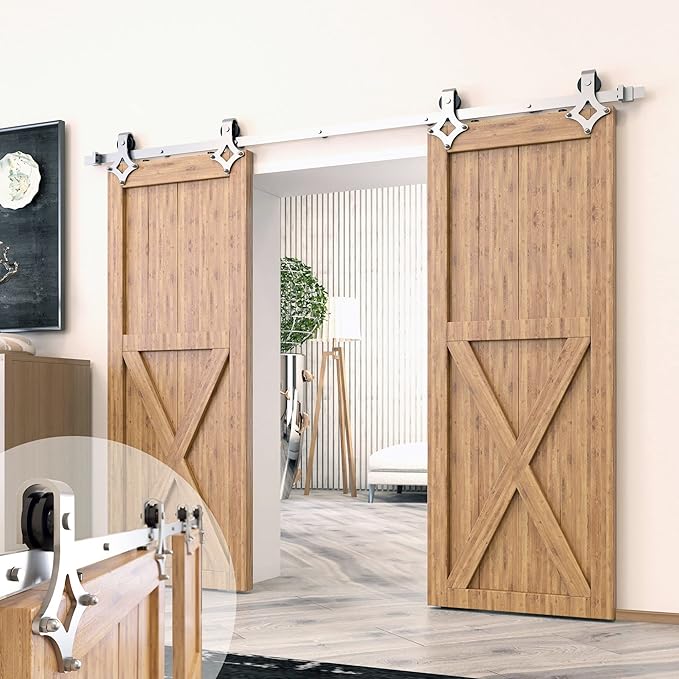 Homacer Brushed Nickel Non-Bypass Sliding Barn Door Hardware Kit, for Two/Double Doors, 6ft Long Flat Track, Diamond Design Roller, Heavy Duty, for Interior Use