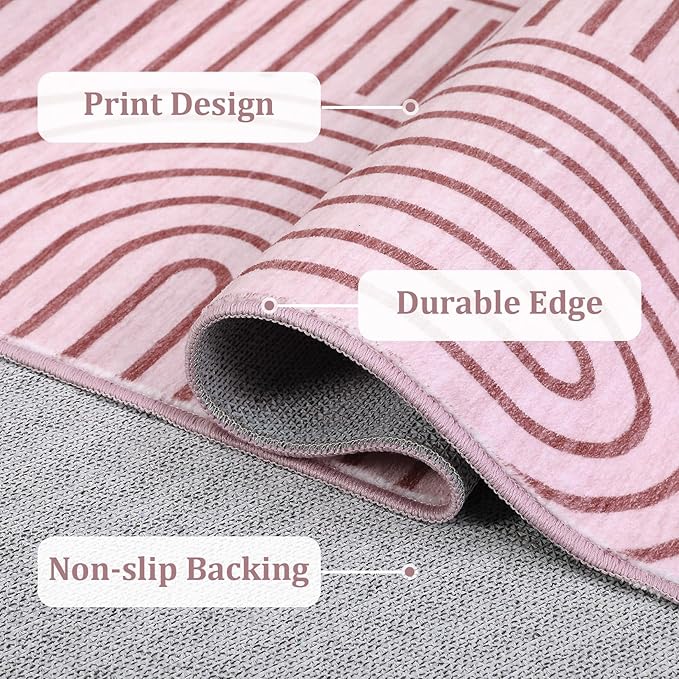 Washable Rug 5x7 Area Rugs for Living Room, Abstract Rug for Bedroom, Soft Rainbow Non Slip Throw Rugs with Rubber Back, Low Pile Stain Resistant Boho Geometric Carpet for Dining Room, Pink
