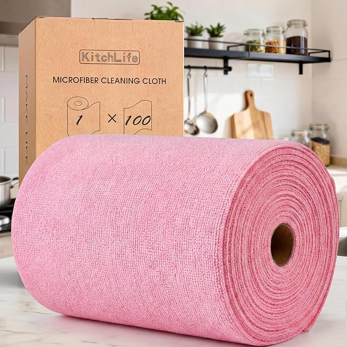 KitchLife Microfiber Cleaning Cloth Roll, 100 Pack - Tear-Away Microfiber Paper Towels, Lint-Free, Reusable, Washable for Kitchen, Car, Dishes, and Sensitive Surfaces (Pink)