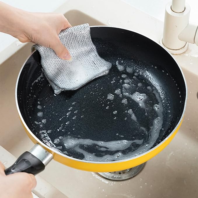 5 Pack Extra Large Non Scratch Wire Dishcloths, 30x30cm Double-Layer Silver Thread Kitchen Cleaning Rags, Dual-Sided Wet & Dry Reusable Steel Wire Dish Cloths for Cookware, Sinks, Stovetops
