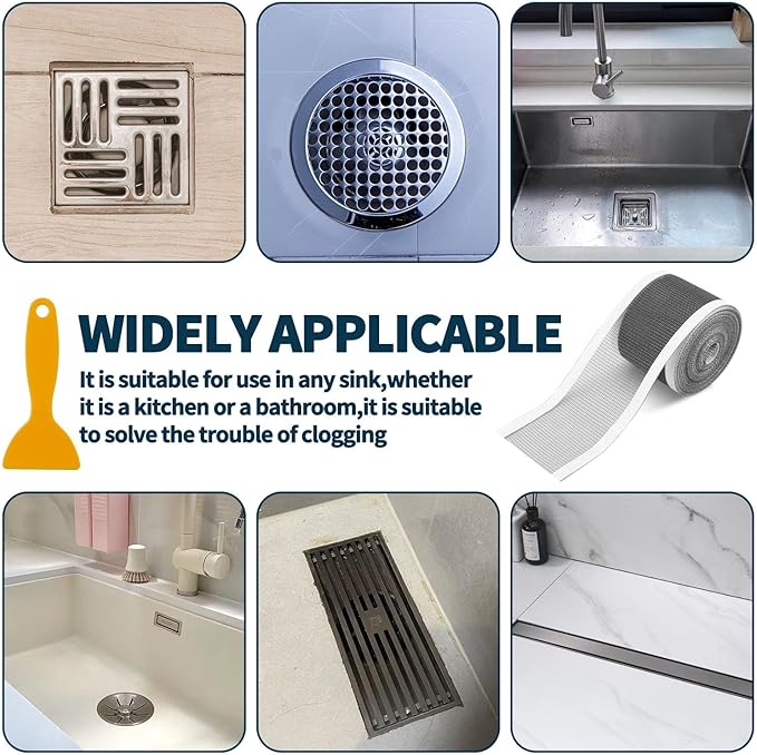 2 PCS 2.75 Inch x 33 FT Disposable Shower Drain Screen Self-Adhesive Stickers, with Cleaning Shovel, Showers Drain Hair Catcher, Shower Drain Mesh Stickers for Bathroom Kitchen Sink