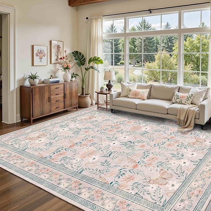 8x10 Pink Rugs for Bedroom Girls, Floral Washable Rug,Boho Area Rug, Large Non Slip Low Pile Flower Carpet for Indoor Dining Room,Girls Room,Nursery Room and Kids Room(Pink 8x10ft)