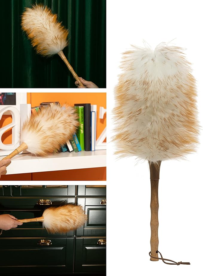 Avain Wool Duster with Wood Handle, Blinds Cleaner Purifier, Brush Cleaning Tool, Lambswool Dusters for Cleaning Vehicles, Office and Housework Dusting 18.inches Long (Pure, Pack of 3)