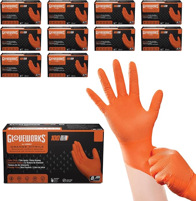 GLOVEWORKS 8 Mil Orange Nitrile Disposable Gloves Heavy Duty Industrial RDT for Mechanic and Automotive Shops Latex Free