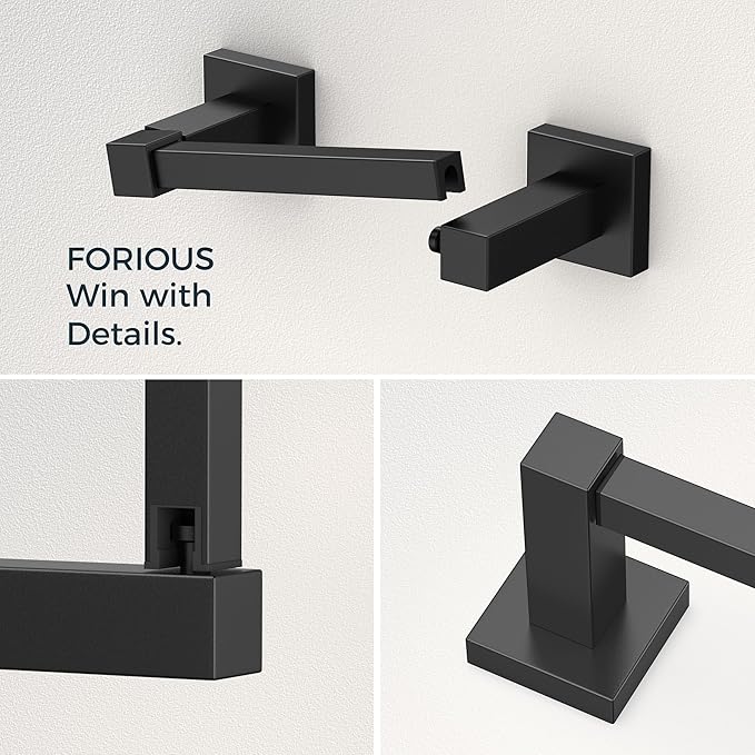 FORIOUS Toilet Paper Holder Set Wall Mount, SUS 304 Stainless Steel Pivoting Toilet Paper Holder and Towel Ring, Hand Towel Holder Set for Bathroom, Square Bathroom Hardware Set, Matte Black