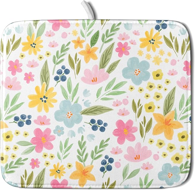 Spring Dish Drying Mat for Kitchen Counter Cute Floral Summer Holiday Microfiber Absorbent Dish Draining Reusable Washable Foldable 16"x18"