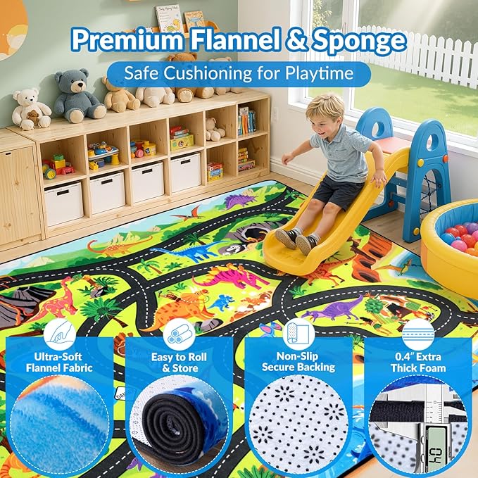 Kids Rug, 3x5 Ft Dinosaur Road Map Rug for Kids, Soft Flannel Play Mat with Non-Slip, Easy to Clean, Cushioned Baby Play Mat Carpet to Boost Motor Skills & Imagination