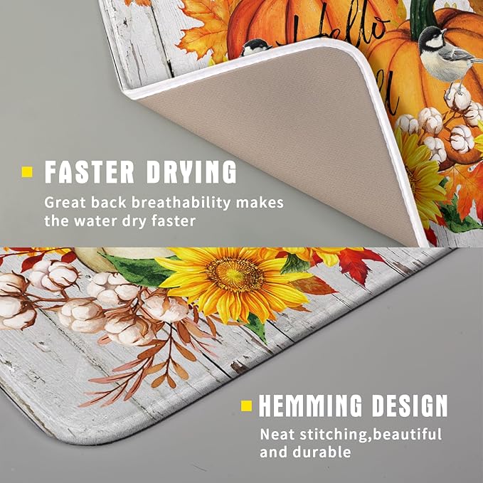 Hello Fall Dish Drying Mat for Kitchen Counter 16x18 Inch Orange Pumpkin Absorbent Drying Pad with Hanging Loop Autumn Home Decoration