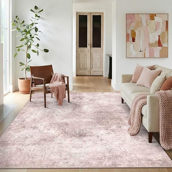 Vintage 5x7 Pink Rug, Washable Area Rugs For Living Room,Girls Bedroom,Dining Room,Kitchen, Distressed Boho Indoor Soft Rug For Dorm Classroom Kids Nursery,Non Slip Low Pile Carpets For Office