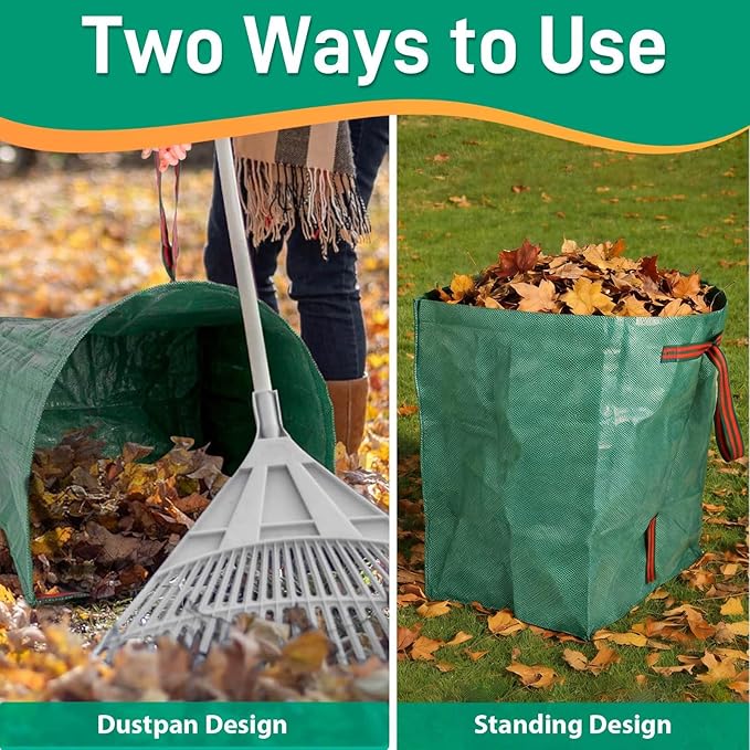 2 Pack 53 Gallon Reusable Yard Waste Bags, Dustpan-Type Leaf Collector Bag, Collapsible Heavy Duty Leaf Bags, Standable Garden Waste Bags for Collecting Leaves, Lawn Grass, Clippings and Branches