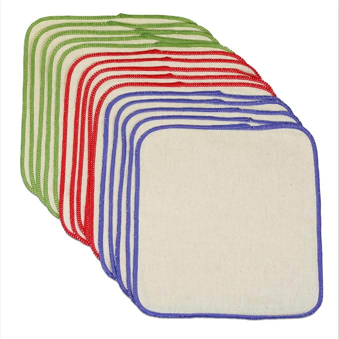 OsoCozy Flannel Cloth Baby Wipes - Reusable and Washable Saves Money - 15 Pack Unbleached/Natural 100% Cotton - Soft and Durable - Colorful Outer Stitching - 8 x 8 inches each.