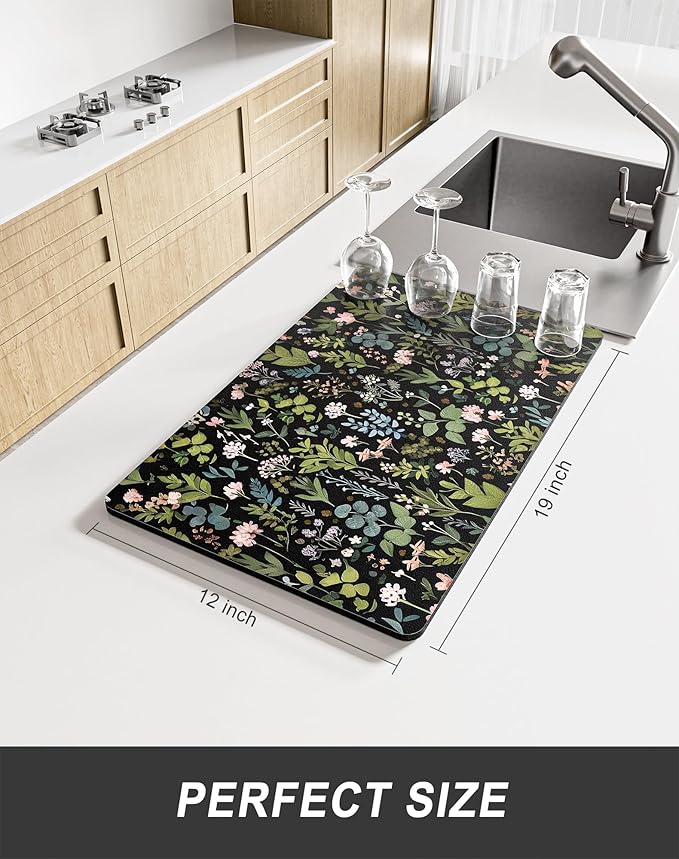 Rnivvi Dish Drying Mat for Kitchen Counter, 12 x 19" Cute Flower Theme Super Absorbent Draining Pad, Non-Slip Heat Resistant Coffee Bar Mat for Coffee Machine Station Accessories, Black Dish Rack Pad