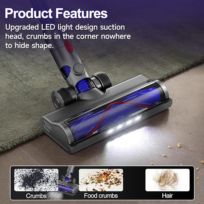 Vacuum Replacement Head for V7 V8 V10 V11 V15 V8 Slim for Hard Floor Short Pile Carpets with LED Headlights, V-Bristle Design & Rubber Wheels - Includes Gooseneck Brush Tool