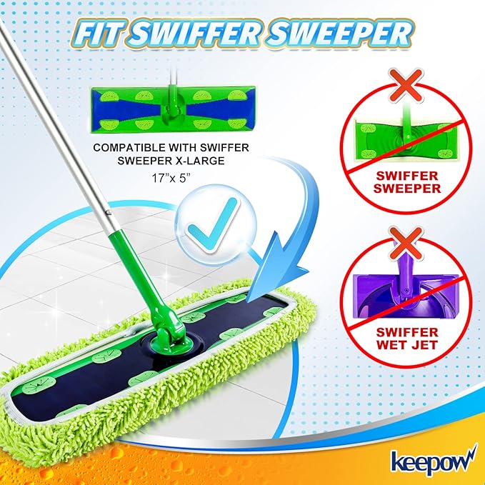 KEEPOW Reusable XL Mop Pads Compatible with Swiffer XL Sweeper, X-Large Dry Sweeping Cloths, Wet Mopping Cloths, Washable Microfiber XL Wet Pads Refills for Surface/Hardwood Floor Cleaning, 4 Pack