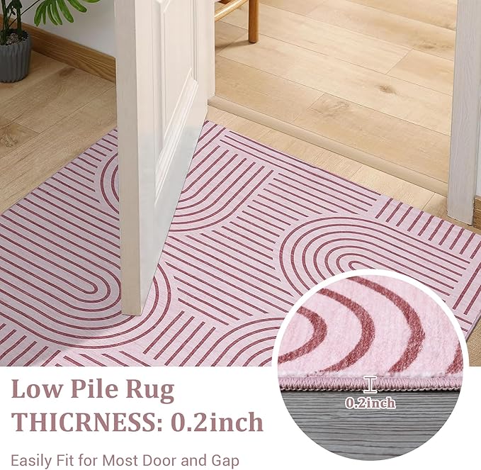 Washable Rug 5x7 Area Rugs for Living Room, Abstract Rug for Bedroom, Soft Rainbow Non Slip Throw Rugs with Rubber Back, Low Pile Stain Resistant Boho Geometric Carpet for Dining Room, Pink