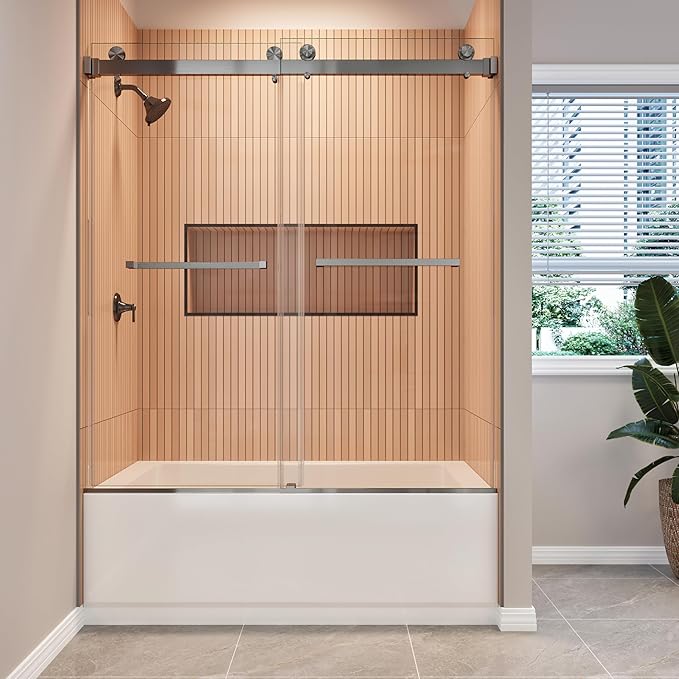 56-61" W x 60" H Bathtub Shower Door, Double Sliding Bathtub Glass Door with 3/8" (10mm) SGCC Tempered Glass, Dual 304 Stainless Towel Bars Bathroom Shower Door for Bathtub (Gunmetal)