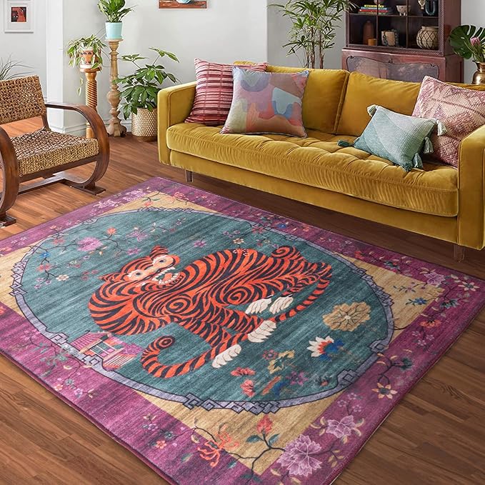 Tiger Rug Washable 3x5 ft Oriental Traditional Animal Print Vintage Fuchsia Floral Tibetan Rugs for Bedroom Kitchen Living Room Indoor Entryway