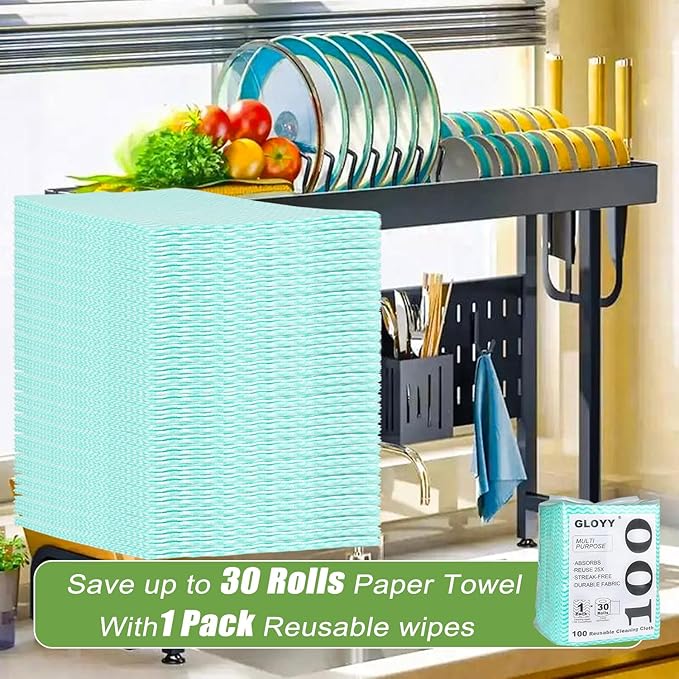 Disposable Dish Cloth and Cleaning Handi Wipes, 100ct, Multi-Use Rags for Kitchen, Bathroom and Windows, Green