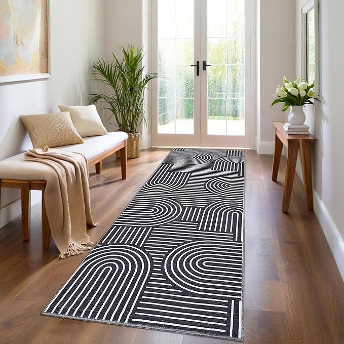 Modern Rug 2.5x10 Runners for Hallways, Abstract Kitchen Runner Rugs Non Slip Bath Mat, Rainbow Washable Runner Rug for Bedroom, Soft Long Rugs for Entryway Bathroom Laundry Dorm, Black