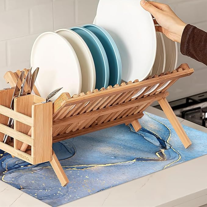 Blue Gold Marble Dish Drying Rack Mat for Kitchen Counter, Dish Drying Pad Absorbent Reversible Microfiber Protector for Coffee Bar Sink Countertops 18x24 Inch
