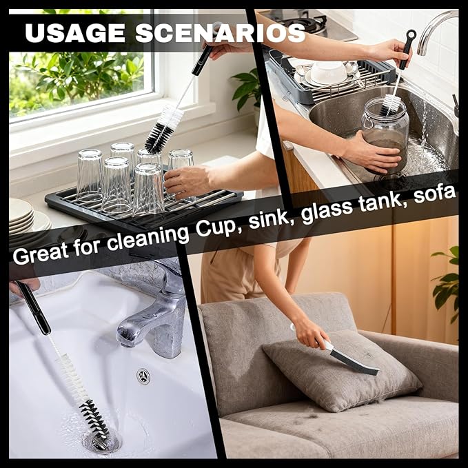 Bottle Cleaning Brush Set - Long-Handled Flexible Brush Head, with Bottle Neck Thread Gap Brush, for Cleaning Narrow Neck Water, Beer, Wine, Baby Bottles, Pipes, Tubes, Hoses, and Flasks