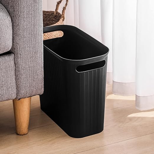 rejomiik Small Trash Can, 3.5 Gallon Garbage Can Slim Waste Basket Plastic Trash Bin Container with Handles for Bathroom, Bedroom, Office, Home, Dorm Room, Kitchen, Rectangular Black