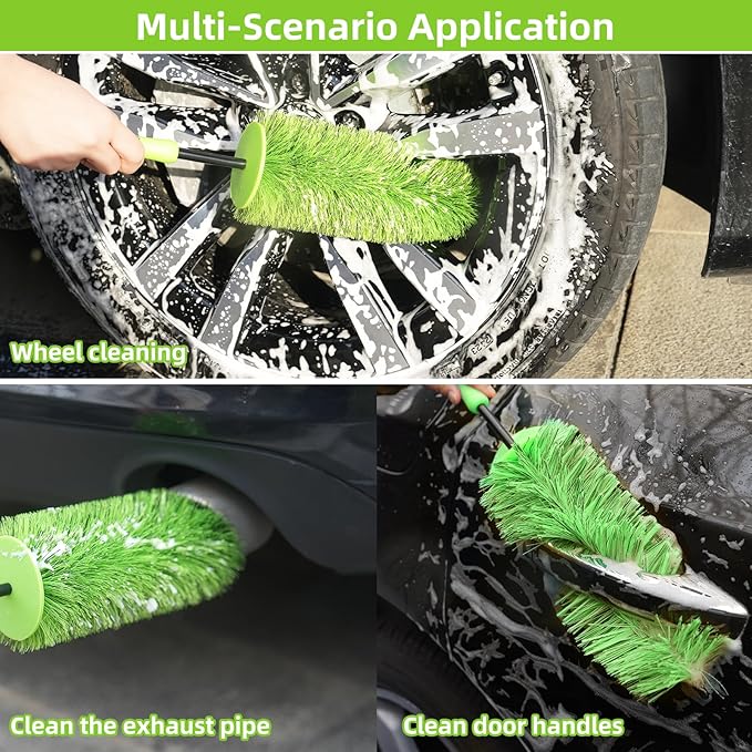 Wheel Cleaning Brush Hub Clean Tool and Rim Detailing Brush with Soft Bristles,Safe On All Wheel Types,Multipurpose Use for Wheels,Rims,Exhaust Tips,Car,Motorcycles,Truck (Green)