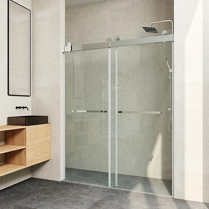 Frameless Soft Close Shower Door, 50"-54 "W, 76 "H, 3/8" (10mm) Clear Tempered Glass, Double Sliding Doors, Chrome Finish.