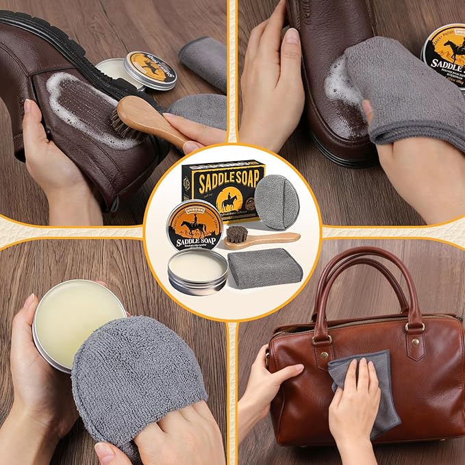 4 Pcs Leather Cleaner Boots Shoes Cleaning Kit-3.52oz Saddle Soap for Leather Items Cleaning, Including One Horsehair Shoes Polish Brush, Shine Cloth and Sponge Pad