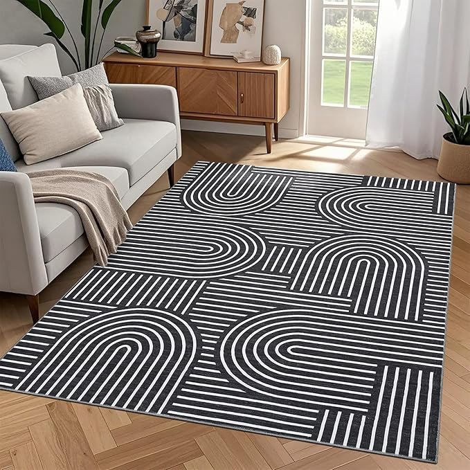 Washable Rug 3x5 Area Rugs for Living Room, Abstract Rug for Bedroom, Soft Rainbow Non Slip Throw Rugs with Rubber Back, Low Pile Stain Resistant Boho Geometric Carpet for Dining Room, Black