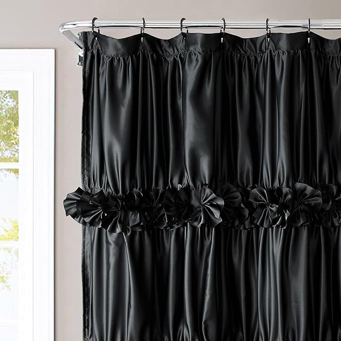 Black Ruffle Shower Curtain, Vintage Handcrafted Bow Tie Bath Curtain for Master Bathroom, Ruched Satin Bathroom Curtain with 12 Buttonholes, 72" W x 72" H (LQ-10)