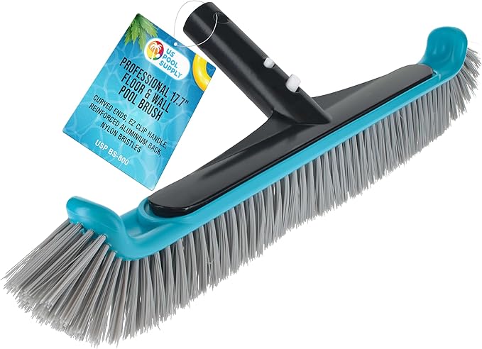 U.S. Pool Supply Pool Brush Head for Inground Pools - 17.7" Swimming Pool Brush with Pole Handle, Bristle Scrub Brushes with Curved Ends, Above Ground Cleaning Equipment Scrubber Cleaner Leaves Debris