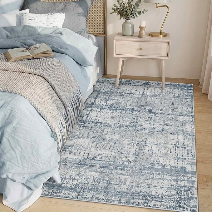 3x5 Washable Entryway Rug, Non Slip Boho Runner Rugs for Hallway, Entrance, Kitchen, Bathroom, Laundry Room, Soft Entryway Carpet, Throw Low Pile Retro Imitation Wool Carpet, Blue Grey