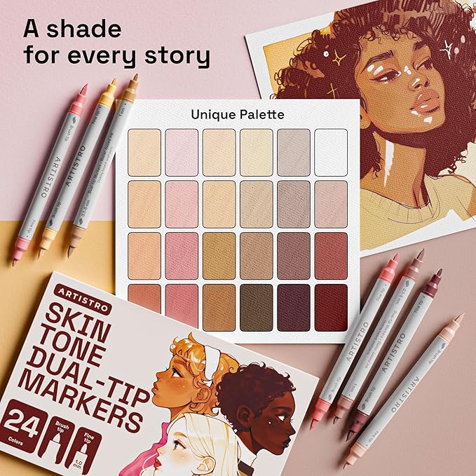 ARTISTRO 24 Skin Colors Acrylic Paint Markers - Paint Pens for Drawing, Brush + Fine Tips - For Fabric, Rock, Glass, Wood, Eggs - Art & Craft Supplies for Adults, Teens, Kids - Easter Basket Stuffers