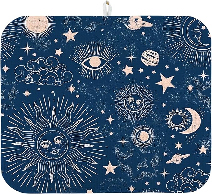 Dish Drying Mat for Kitchen Counter 16x18 Inch, Super Absorbent Dish Drainer Mat, Decorative Microfiber Dishes Drying Pad-Small(Navy Blue Moon)