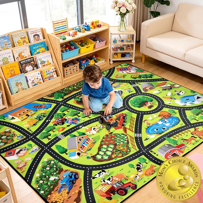 Kids Rug, Fun Farm Car Rugs for Kids' Toy Cars, 6x9 FT Extra Thick (0.4in) Toddler Car Play Mat, Non-Slip, Cushioned, Easy to Clean, Educational Imaginative Car Carpet for Kids