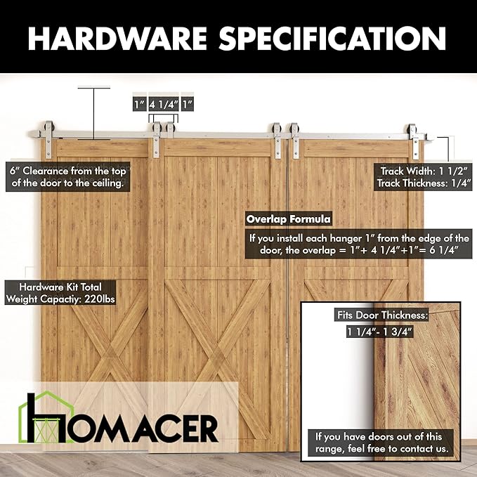 Homacer Brushed Nickel Single Track Bypass Sliding Barn Door Hardware Kit, for Three Doors, 11ft Long Flat Track, Classic Design Roller, (1 Flat+2 Bent Roller Set)