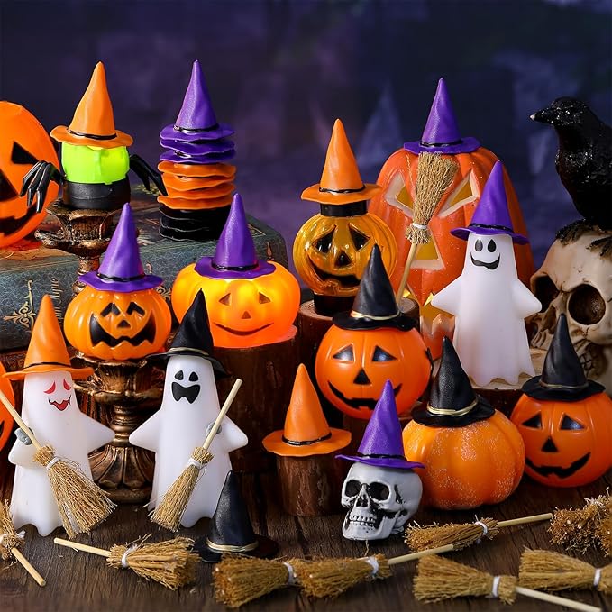 48 Pcs Mini Witch Hats and Broom for Crafts Halloween Wizard Accessories for Party Favors Decor (Black Purple Orange,1.97 Inches)