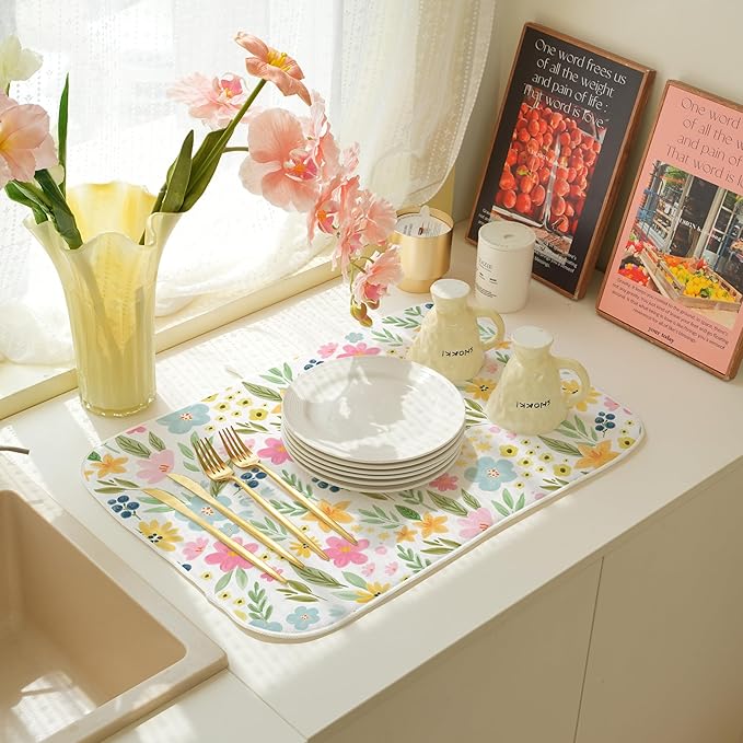 Spring Dish Drying Mat 18x24 Inches For Kitchen Counter Absorbent Pink Yellow Floral Kitchen Decoration Summer Colorful Flower Drying Mat Pad For Home Kitchen,Dining Room,Office Decor
