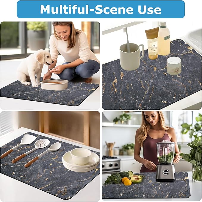 Dish Drying Mat Coffee Bar Mat for Kitchen Counter, Absorbent Dish Rack Pad Hide Stain with Non-slip Rubber Backed Coffee Accessories Fit Under Espresso Machine Maker Black Marble 22.83"x14.96"