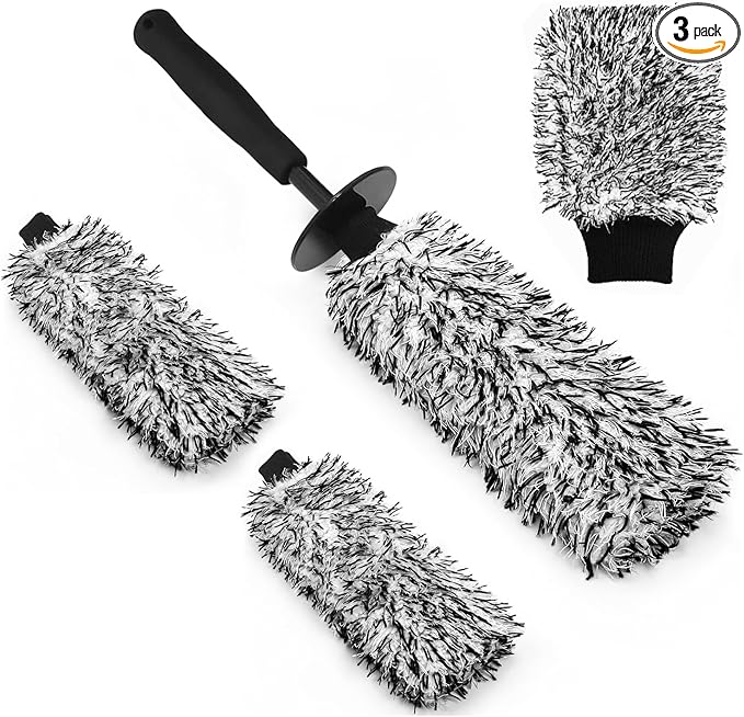 YeewayVeh Car Cleaning Brush Wheel Brush Kit, Soft Microfiber Flat Wheel Rim Cleaner Brush with 2 Removable Covers, Wheel Cleaning Brush and Car Wash Mitt for All Vehicles Truck SUV Cleaning