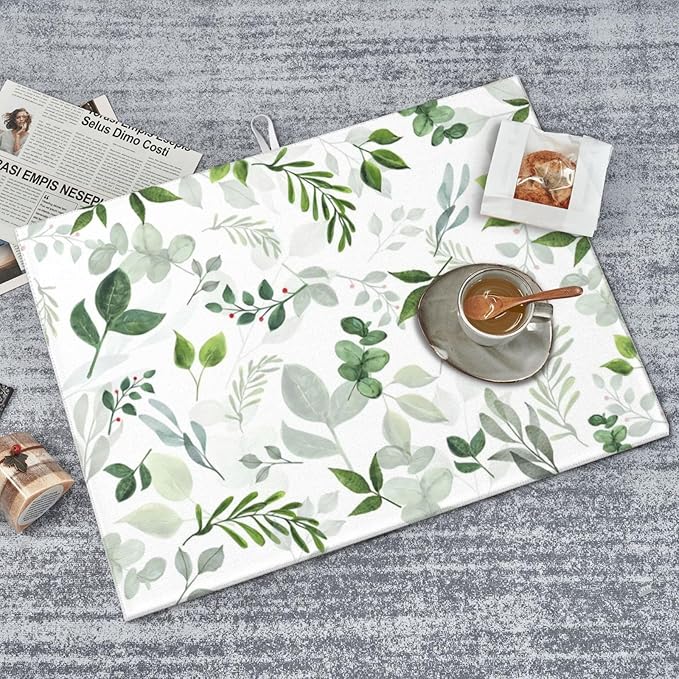 Green Leaves Dish Drying Mat 18x24 inches Microfiber Absorbent Fast Dry Mat for Kitchen Counter Coffee Bar Green Plants Large Drying Mat Kitchen Decor Gifts (Green Leaves, 18x24 inches)