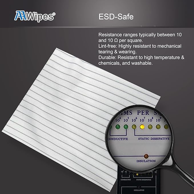 AAWipes Cleanroom Wipe Cloths (Grade A) - Safe Electrostatic Discharge (ESD) Polyester Wiper Special ESD-Safer Wiper Cloths Lint Free Static Dissipasive Wipers (6"x6") 100pcs