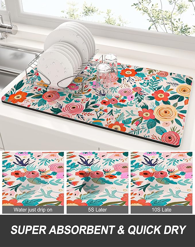 Rnivvi Dish Drying Mat for Kitchen Counter, XL 15 x 24" Cute Flower Super Absorbent Draining Pad, Non-Slip Heat Resistant Coffee Bar Mats for Coffee Machine Station Accessories, Colorful Dish Rack Pad